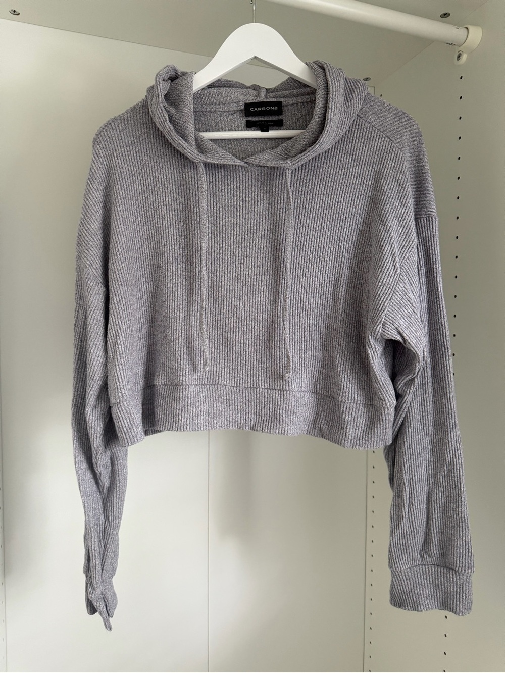 Carbon38 Brushed Ribbed Cropped Hoodie Heather Gray Women’s M Made in USA